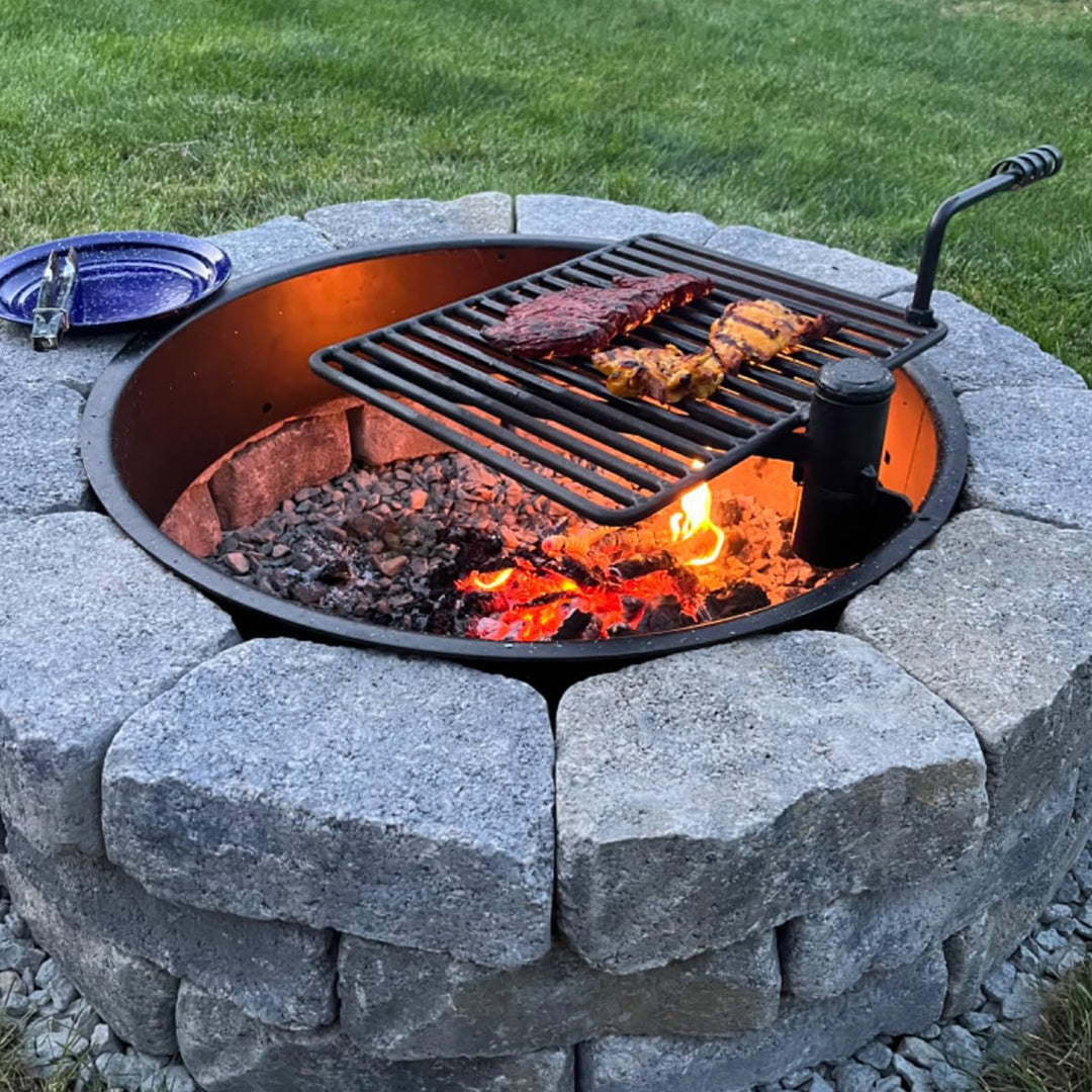 Pilot Rock 30.5 Inch Steel Ground Fire Pit Ring and Metal Cooking Grate, Black