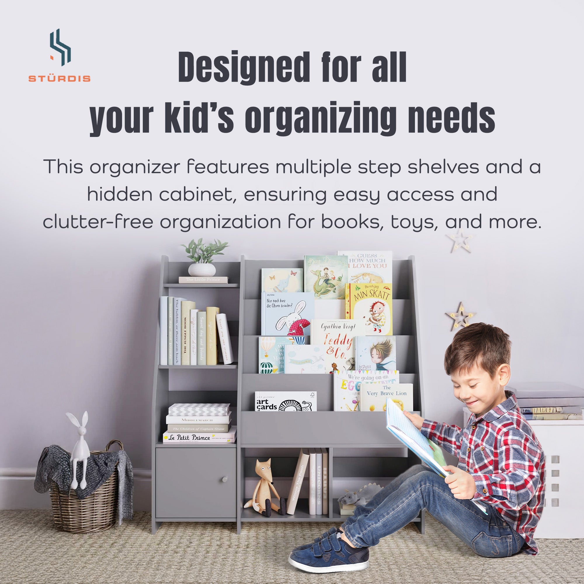 Sturdis Modern Round Edge Wooden Durable Kids Bookshelf with Step Shelves, Gray - VMInnovations