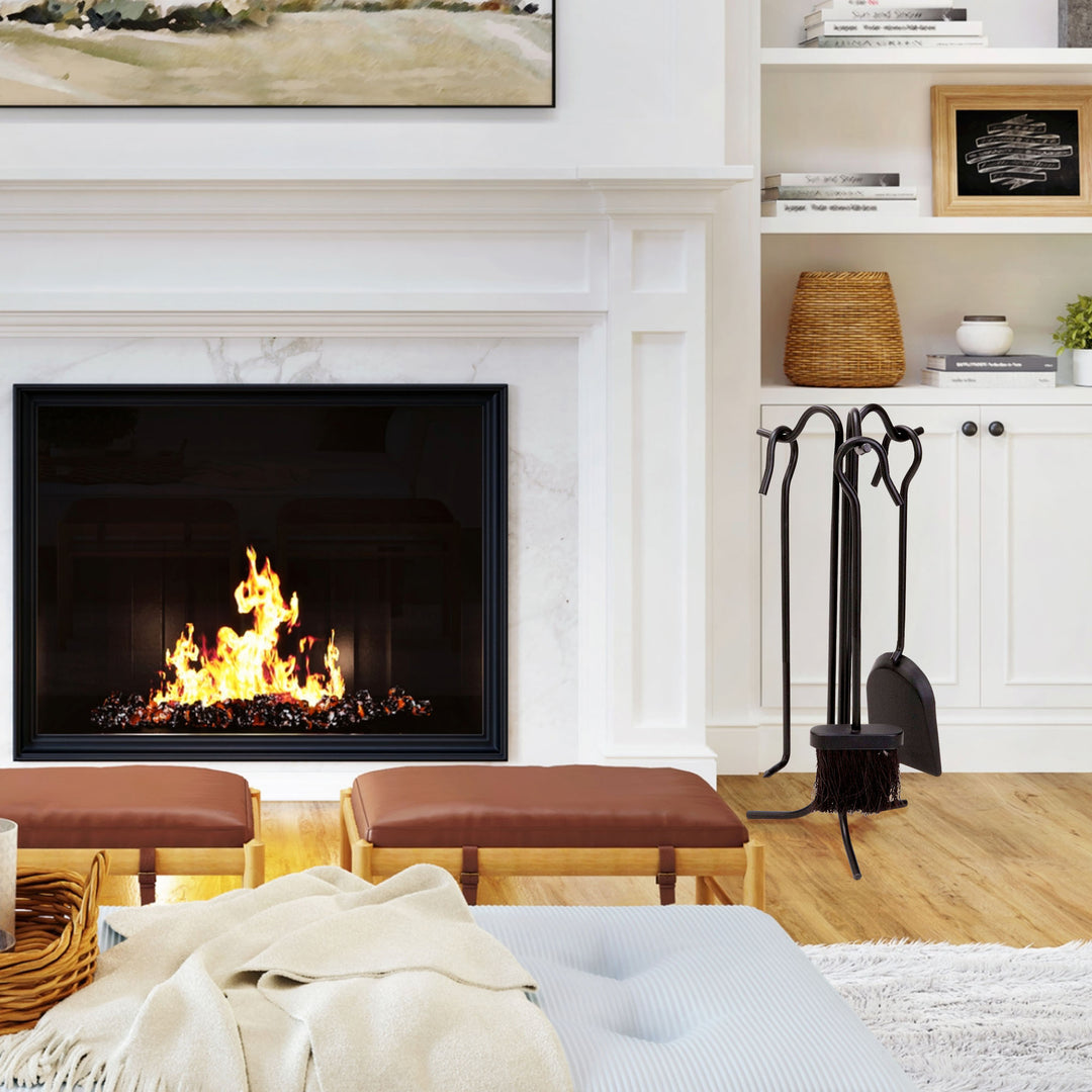 Panacea 4 Piece Fireplace Tool Set with Brush, Shovel, Poker, and Stand, Black - VMInnovations