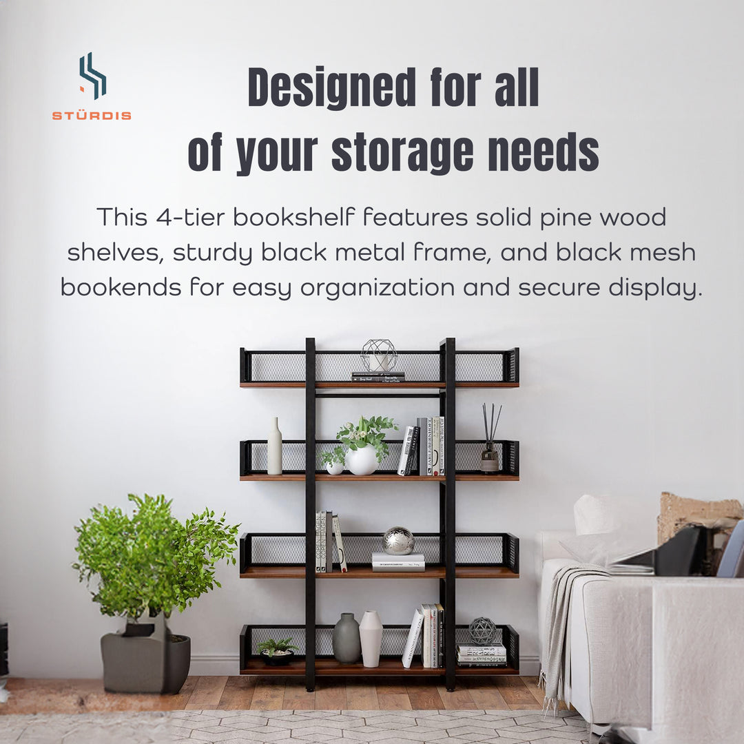 Sturdis 4 Tier Solid Wood Metal Industrial Bookshelf with Mesh Barriers, Black