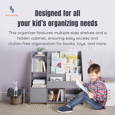 Sturdis Modern Round Edge Wooden Durable Kids Bookshelf with Step Shelves, Gray - VMInnovations