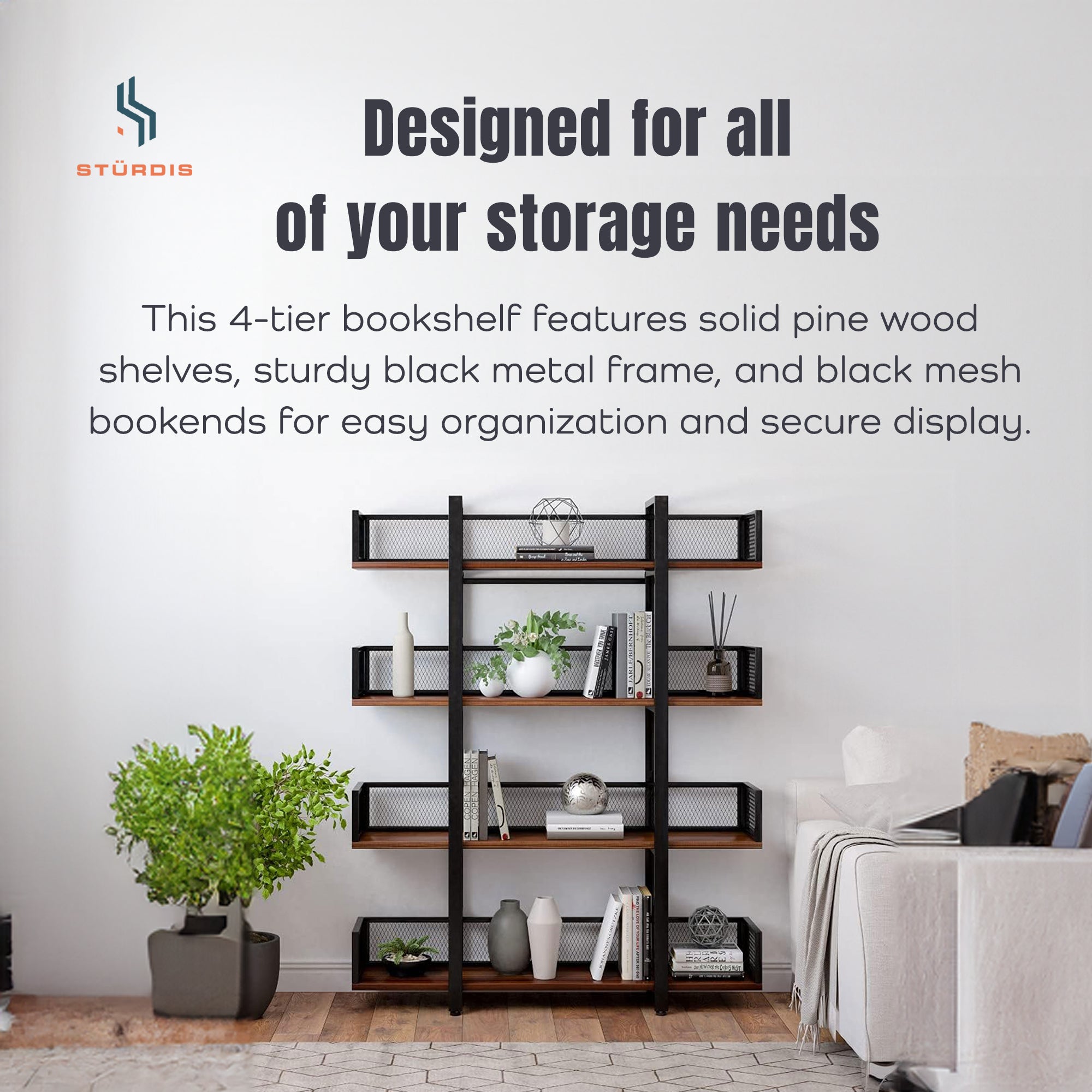 Sturdis 4 Tier Solid Wood Metal Industrial Bookshelf with Mesh Barriers, Black - VMInnovations