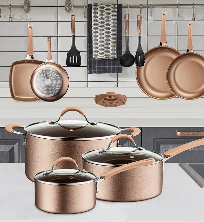 NutriChef 20 Piece Nonstick Kitchen Cookware Pots & Pans Set, Bronze (4 Pack)