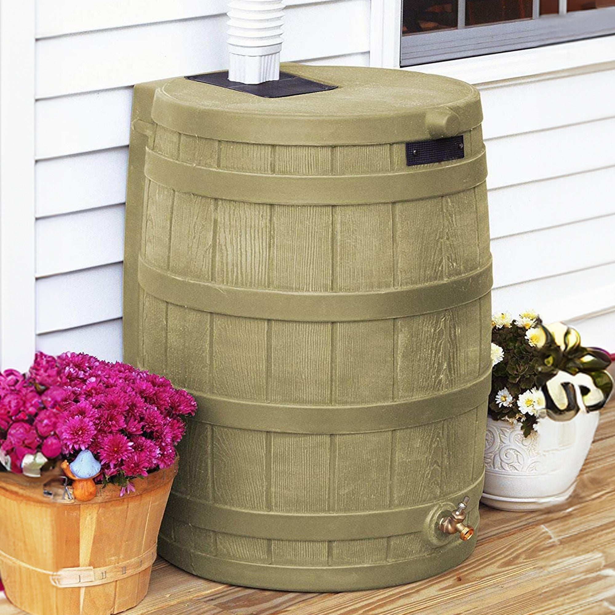 Good Ideas Rain Wizard 50 Gallon Rain Barrel Water Collector, Khaki (2 Pack) - VMInnovations