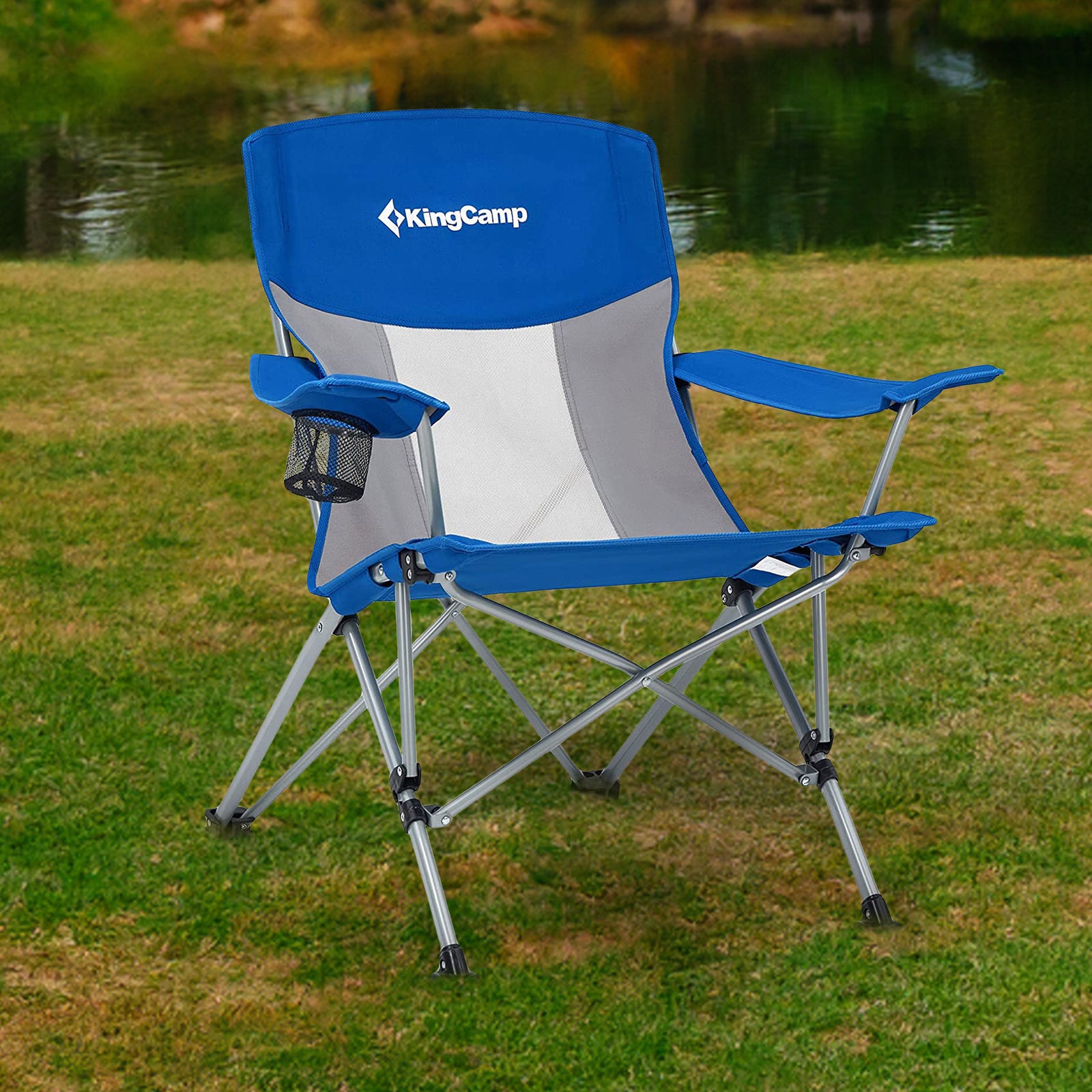 Mesh Oversized Outdoor Camping Chair w/ Cupholder, Blue/Grey (Open Box) - VMInnovations