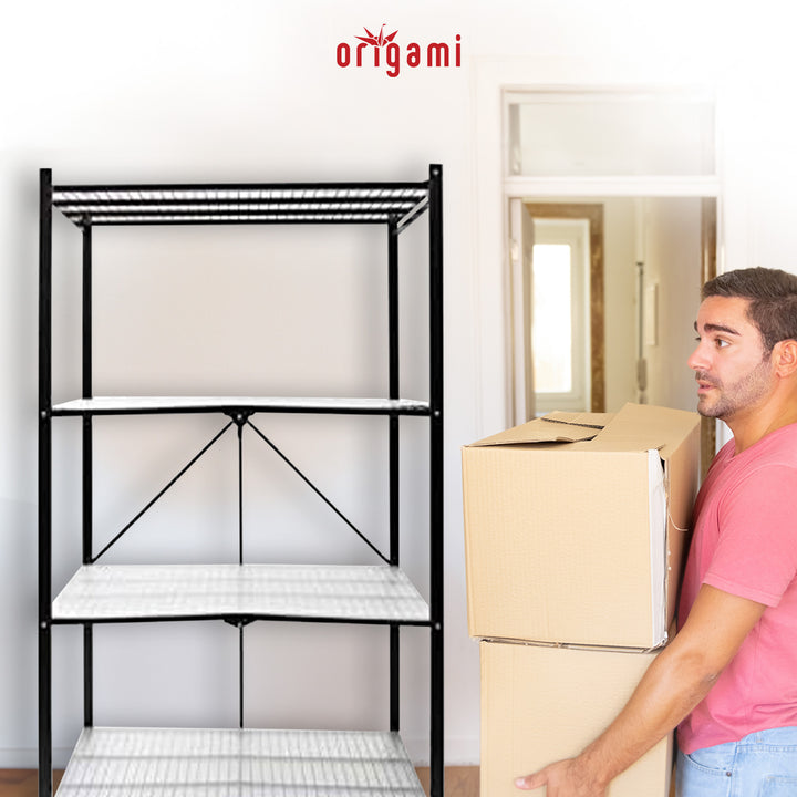 Origami 4 Tier Folding Storage Rack Unit w/ Set of 4 Magnetic Wire Shelf Liners