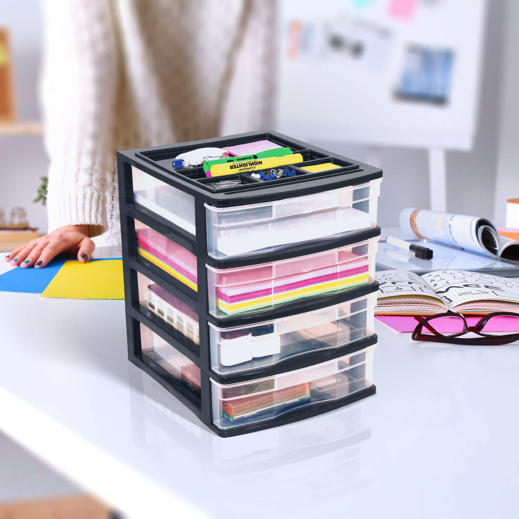 Gracious Living 4 Drawer Desktop Countertop Storage w/Organizer, Black (3 Pack) - VMInnovations