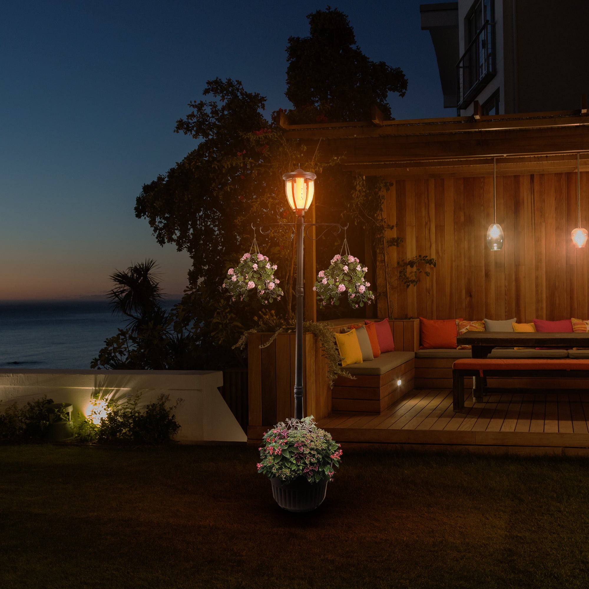 Sun-Ray Kenwick 7 Foot Single Head Solar Lamp Post & Planter, 1 Light, Bronze - VMInnovations