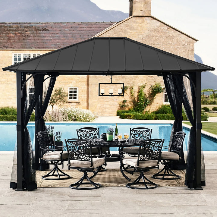 Sunjoy Hildreth 11 x 13 Foot Screened Gazebo Canopy Outdoor Pergola Tent, Black