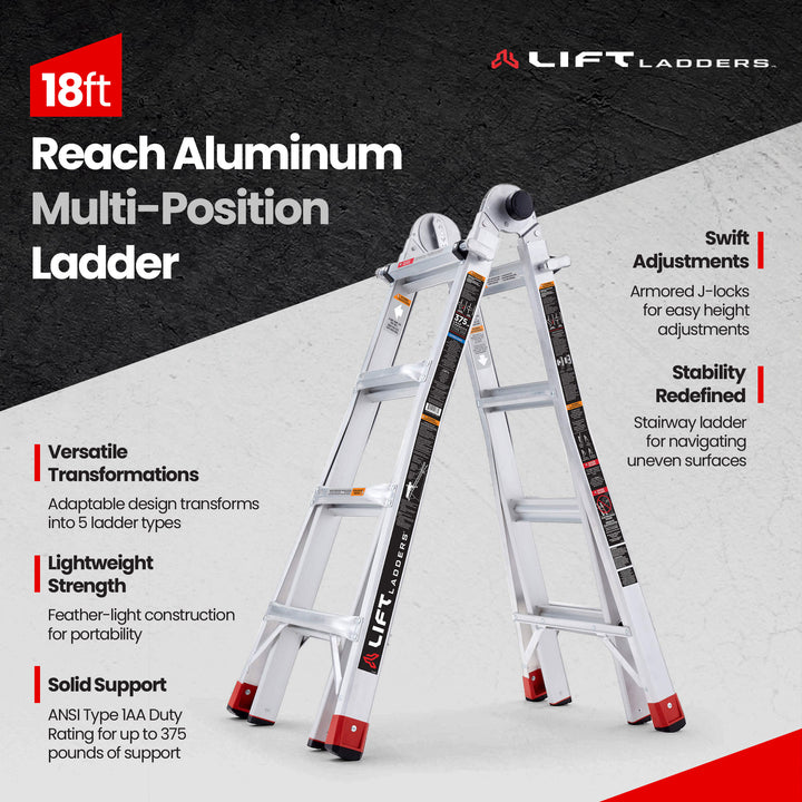 Lift Ladders 18 Foot Reach 5in1 Multi Position Aluminum Ladder, Silver (Used) - VMInnovations