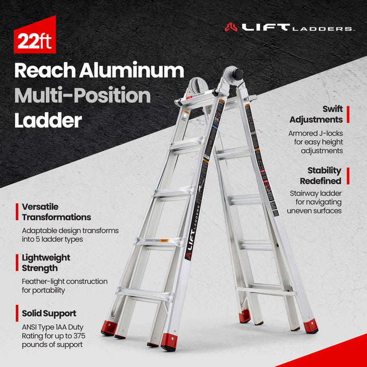 Lift Ladders 22 Foot Reach 5 in 1 Multi Position Aluminum Step Ladder, Silver