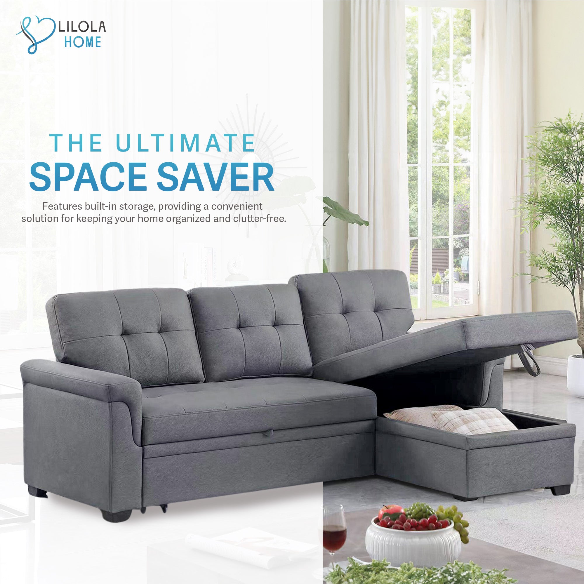 Lilola Home Lucca Performance Leather Sectional Sleeper Sofa with Storage, Gray - VMInnovations