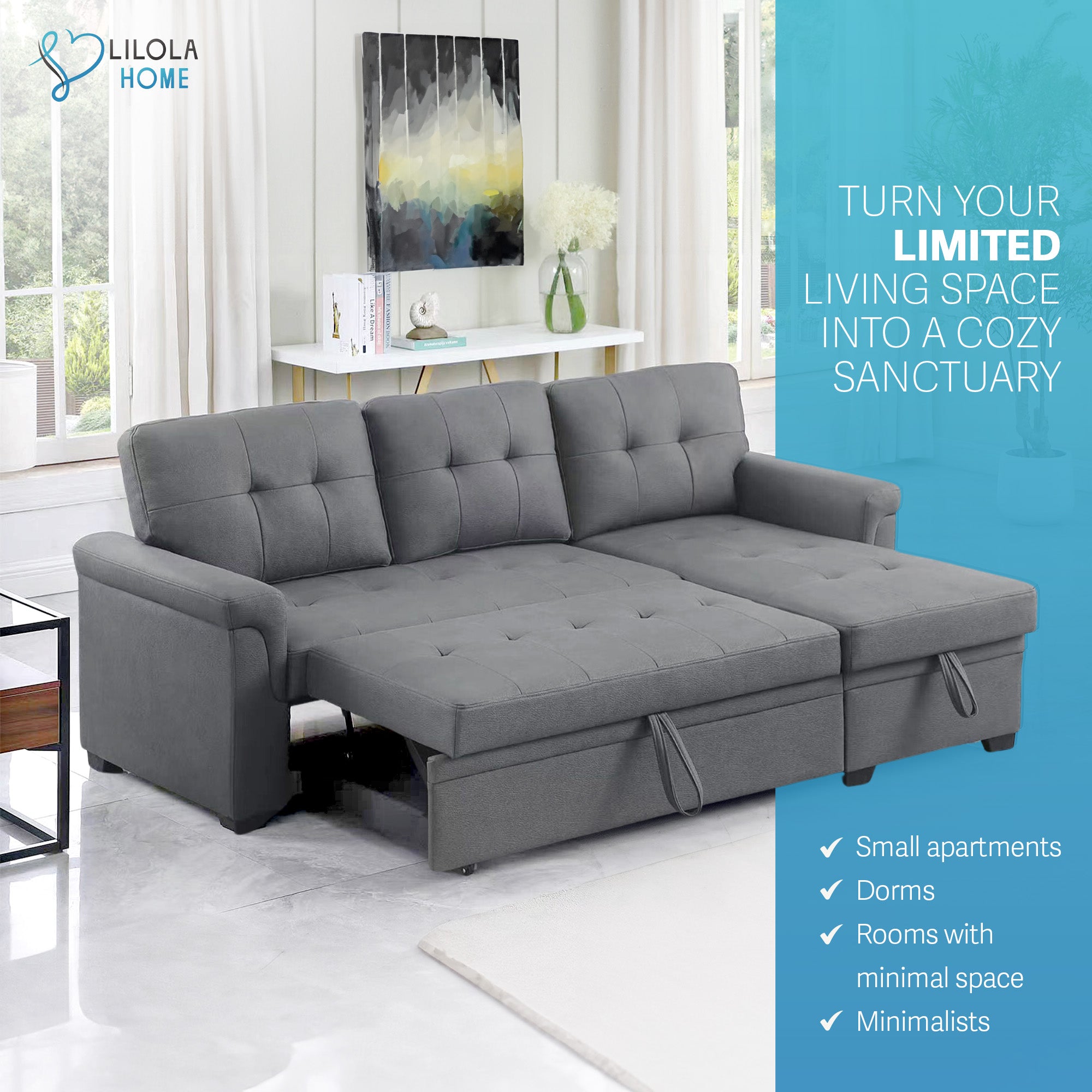 Lilola Home Lucca Performance Leather Sectional Sleeper Sofa with Storage, Gray - VMInnovations