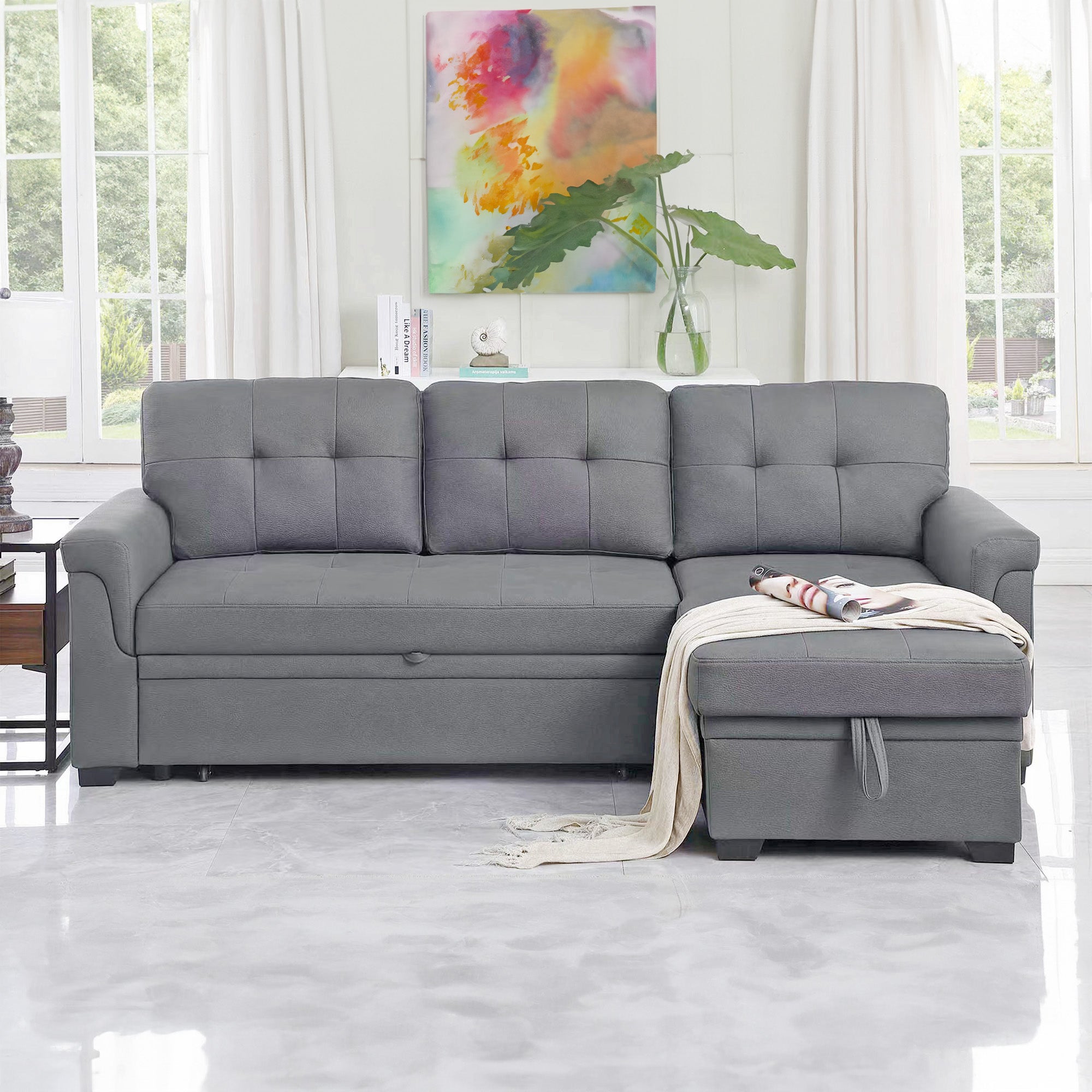 Lilola Home Lucca Performance Leather Sectional Sleeper Sofa with Storage, Gray - VMInnovations