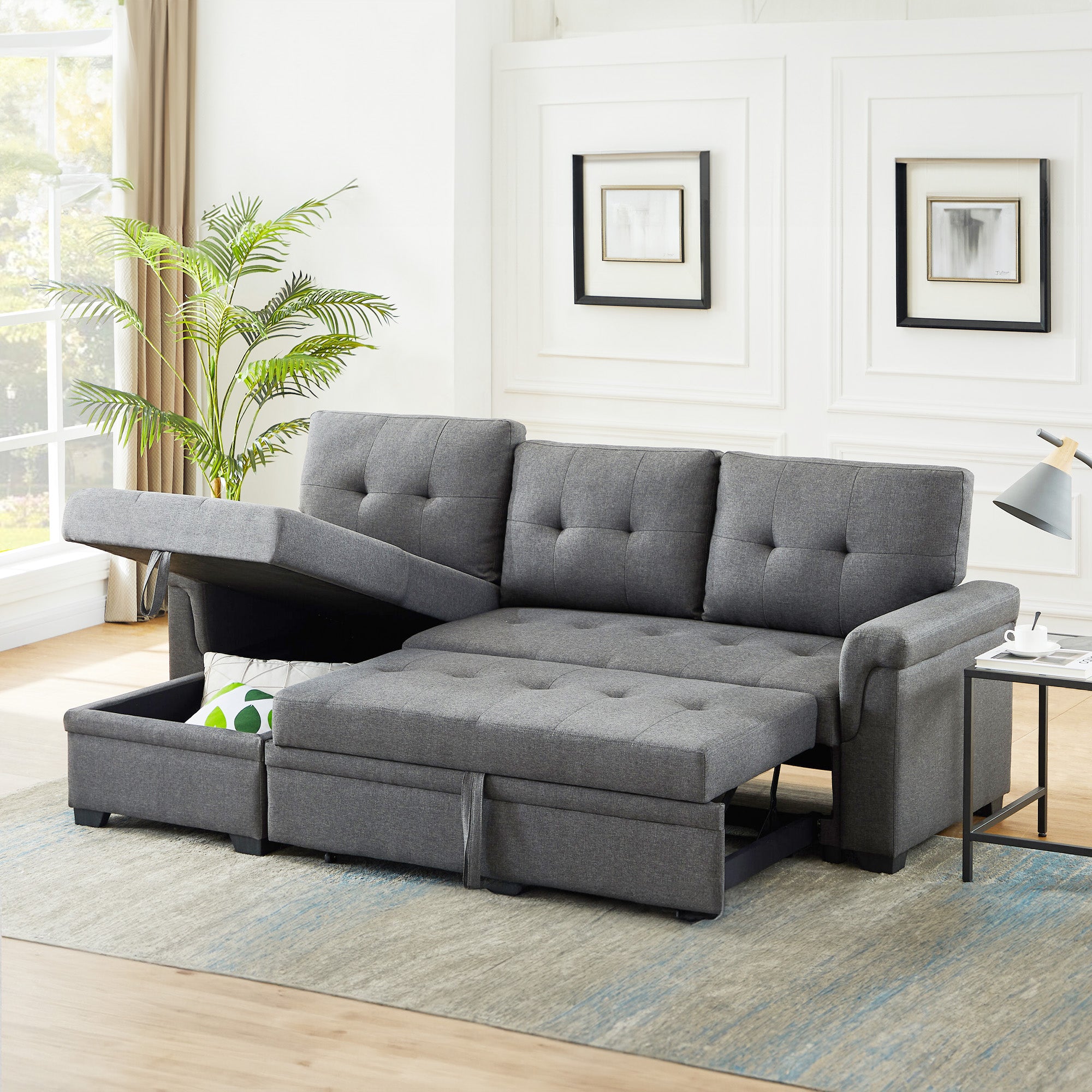 Lilola Home Lucca Performance Leather Sectional Sleeper Sofa with Storage, Gray - VMInnovations