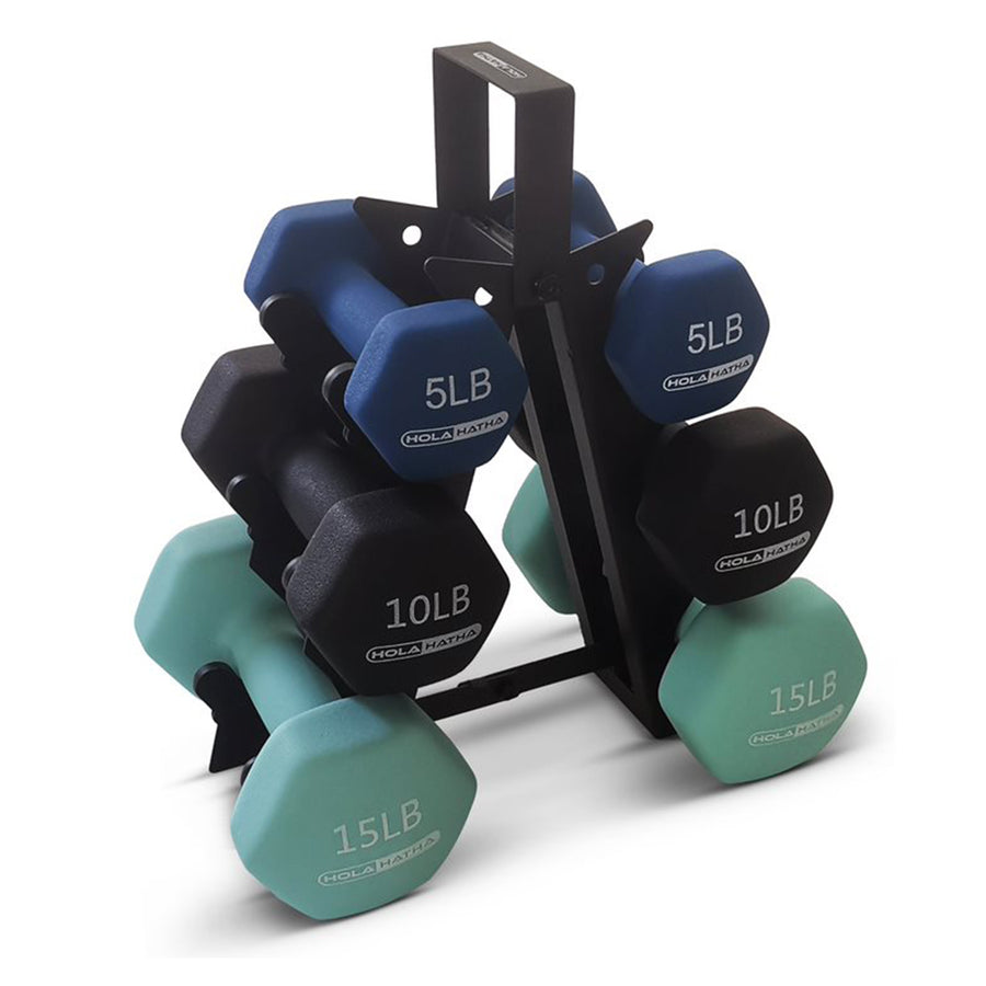 HolaHatha 5, 10, and 15 LB Neoprene Dumbbell Weight Set w/ Rack (Open Box) - VMInnovations