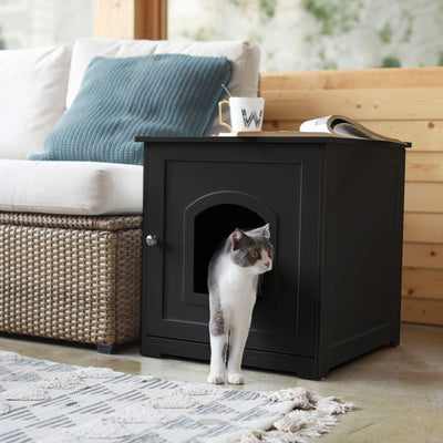 Merry Products Pet Cat Washroom Bench Box with Removable Partition Wall, White + zoovilla Kitty Litter Loo Indoor Hidden Litter Box Furniture Enclosure, Black - VMInnovations