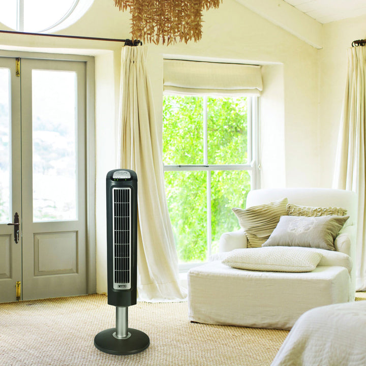Lasko 38 Inch 3 Speed Electric Remote Controlled Wind Tower Fan, Black (Used)
