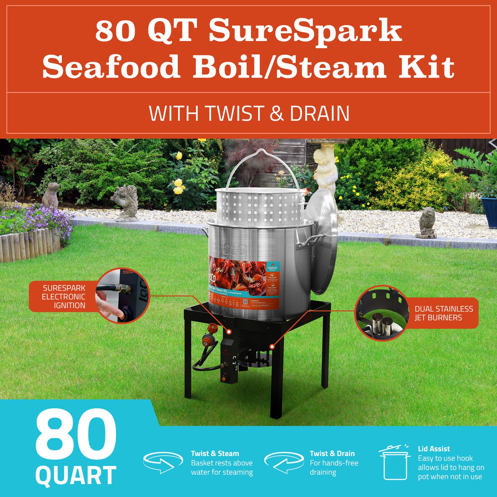 Loco Cookers 80qt SureSpark Seafood Boil & Steam Kit w/Twist & Drain (Open Box) - VMInnovations