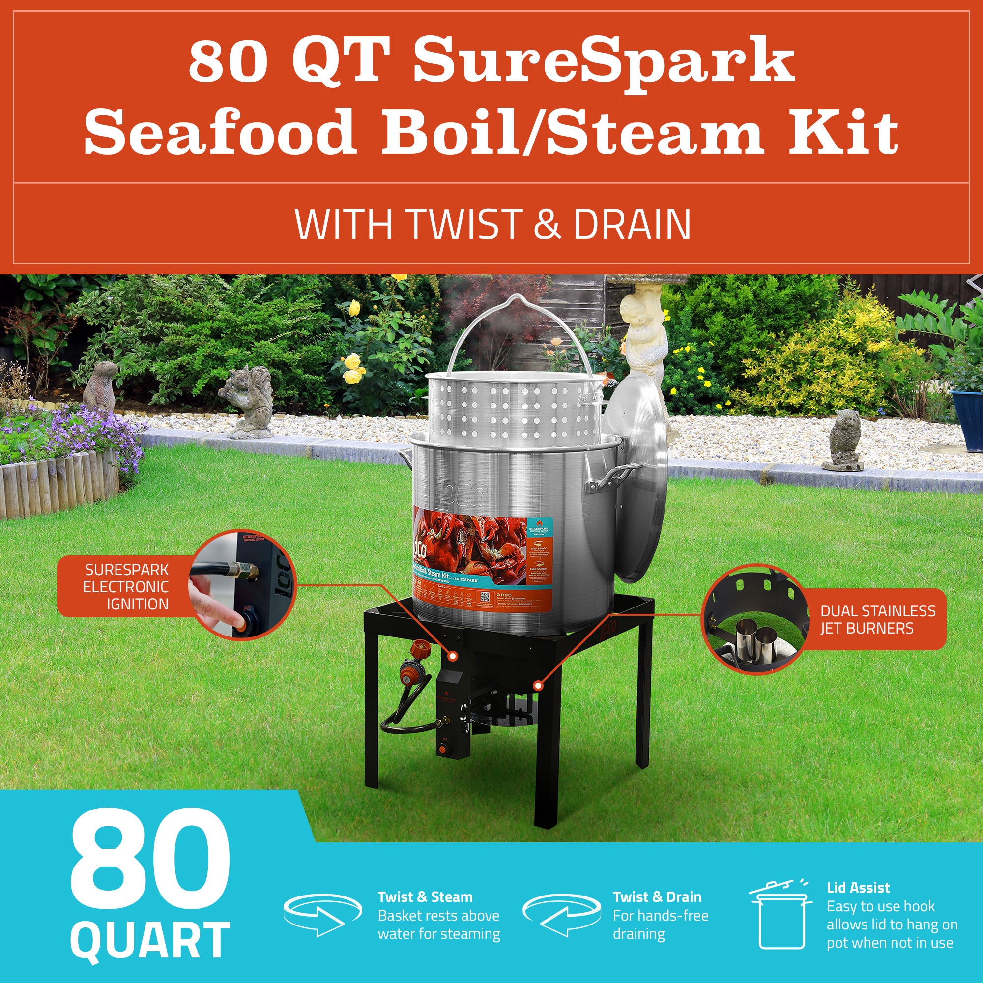 Loco Cookers 80qt SureSpark Seafood Boil & Steam Kit w/Twist & Drain (Open Box)