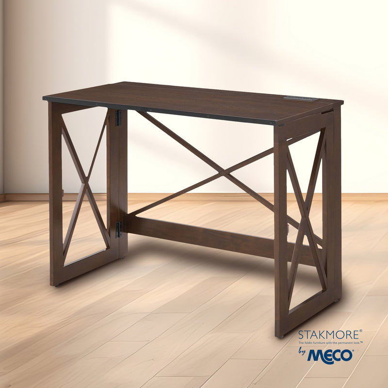 MECO Stakmore Stylish Versatile Folding Desk with Built In Outlets, Espresso