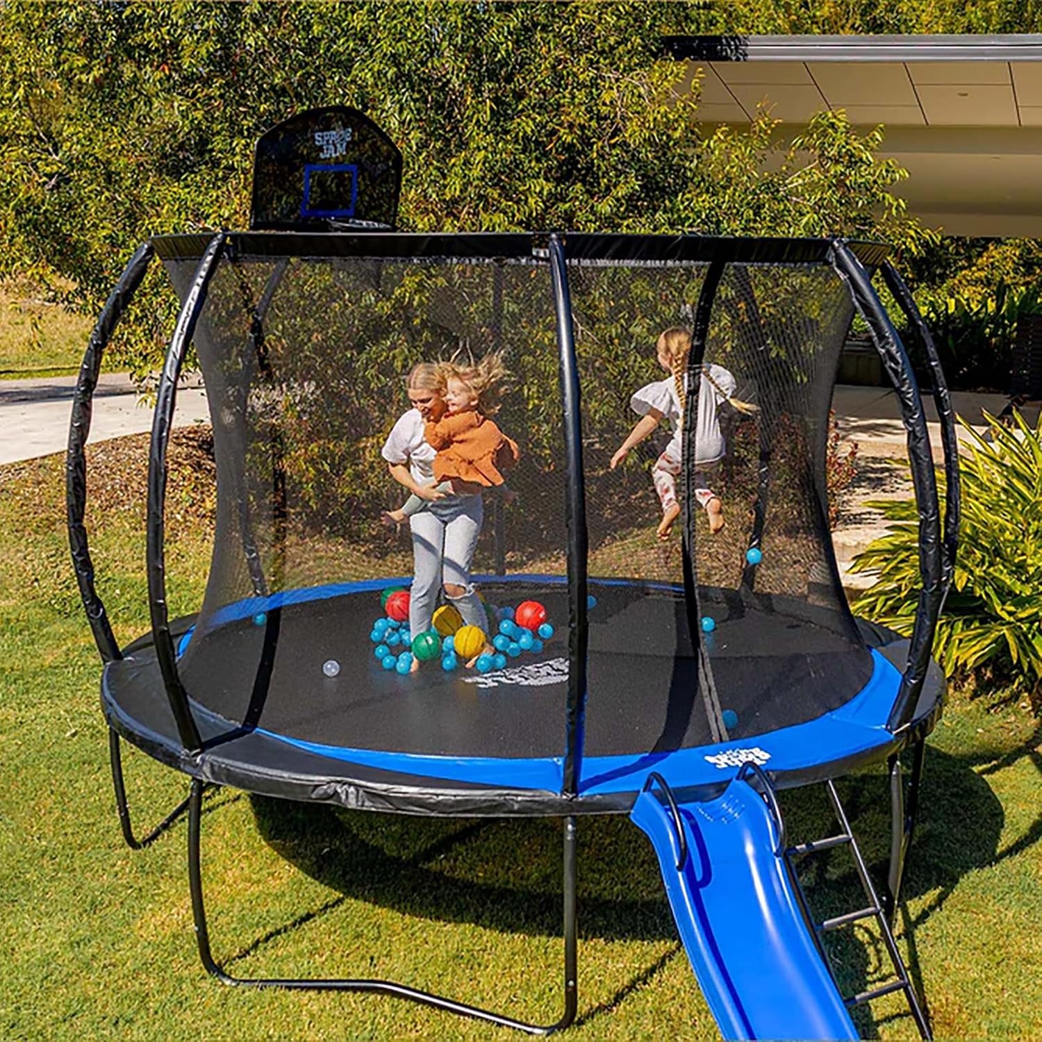 SpaceJump Astro 15' Trampoline, Outdoor Ultimate Set with Slide, Hoop & Sprayer