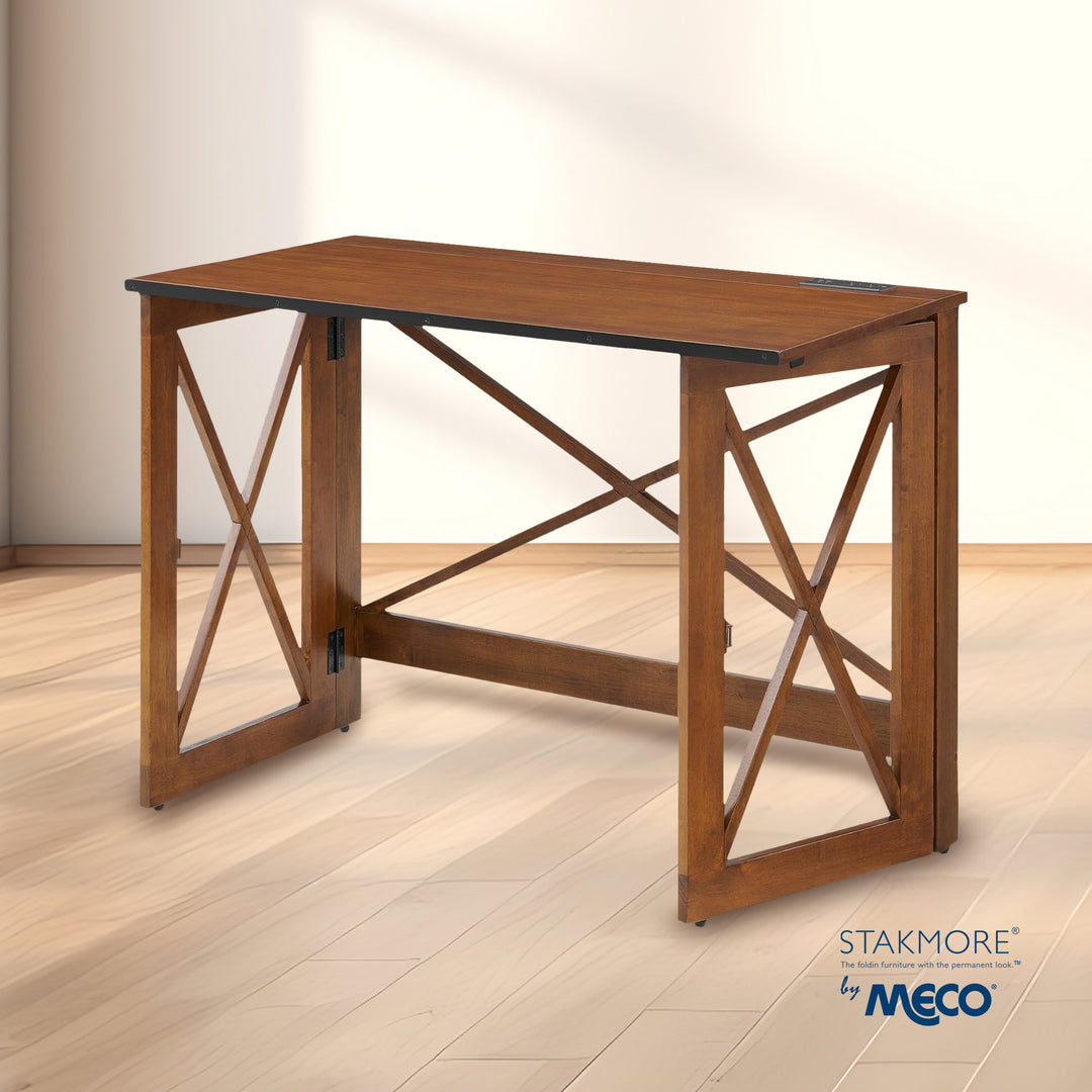 MECO Stakmore Stylish Versatile Folding Desk with Built In Outlets, Fruitwood