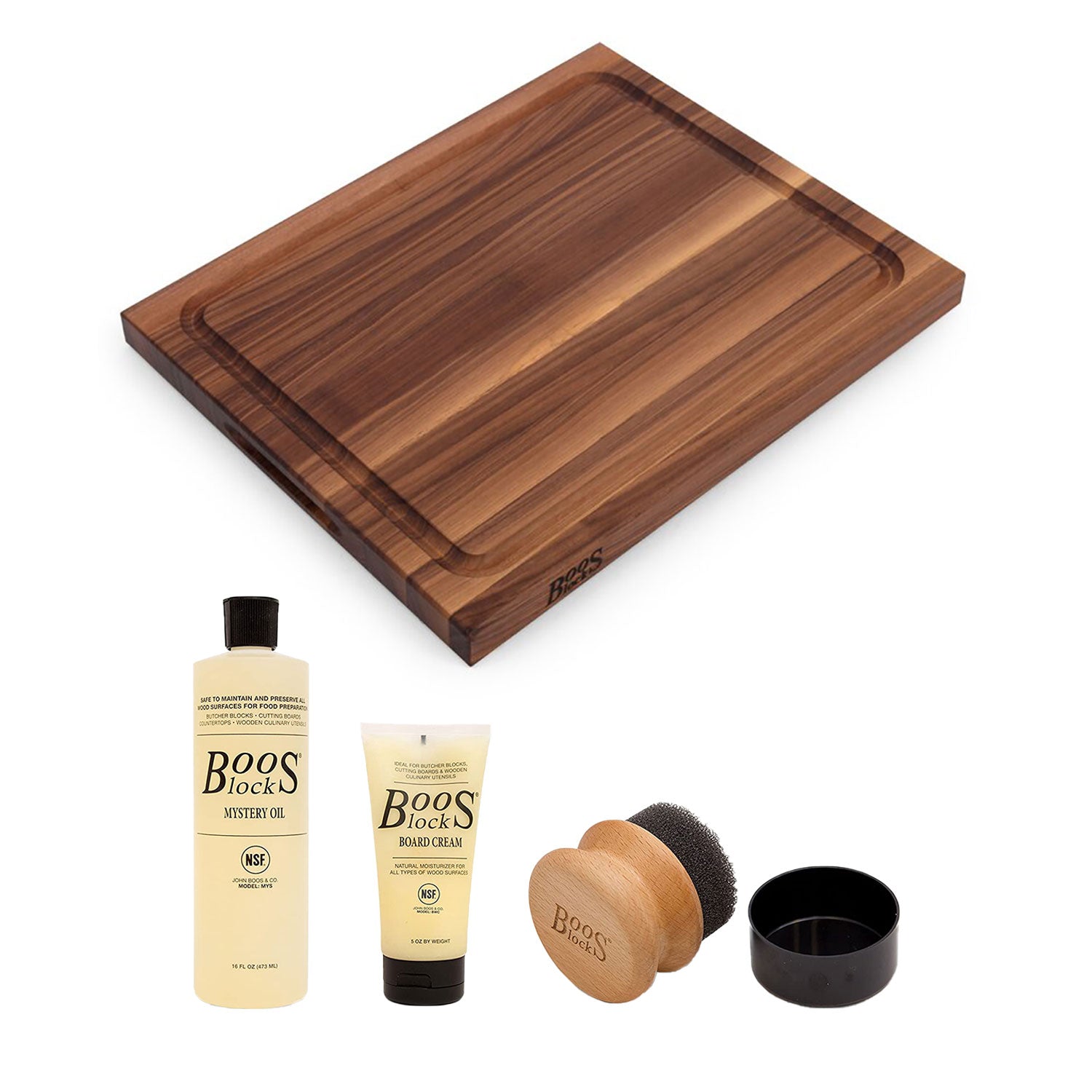 John Boos Walnut Wood Juice Groove Cutting Board w/ Boos Block Maintenance Set - VMInnovations