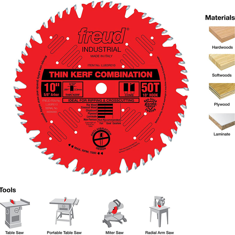 Freud LU83R010 10 Inch 50T Thin Kerf Ultimate Combination Saw Blade (2 Pack)