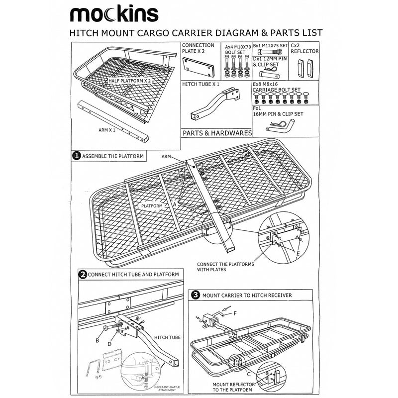 Mockins 60x20" Hitch Mount Cargo Carrier w/ Bag, Stabilizer, Straps (For Parts)