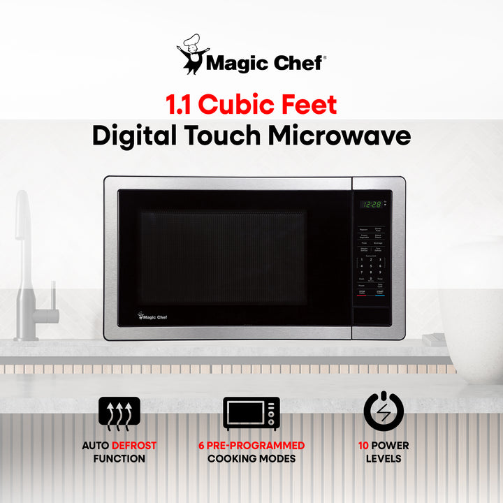 Magic Chef 1000 Watt 1.1 Cubic Feet Digital Touch Countertop Microwave, Silver