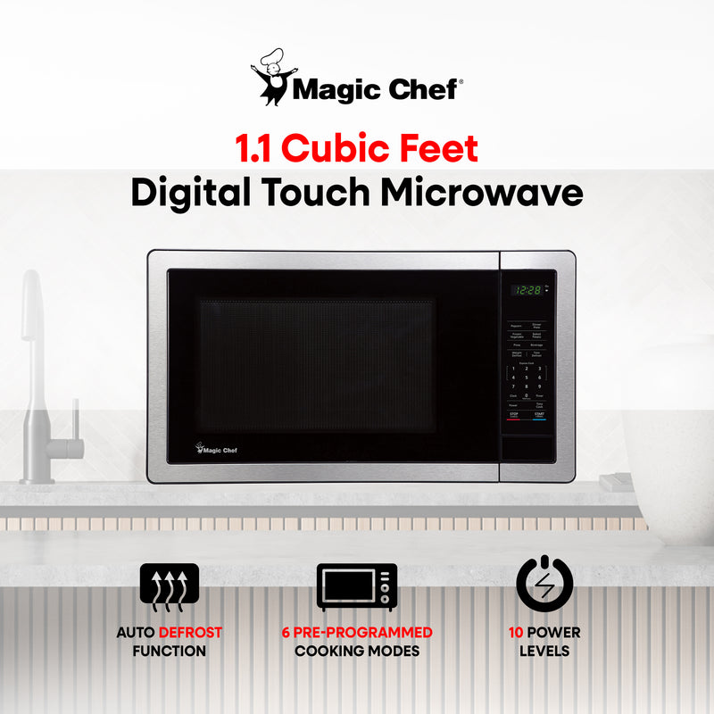 Magic Chef 1000 Watt 1.1 Cubic Feet Digital Touch Microwave, Silver (Damaged)