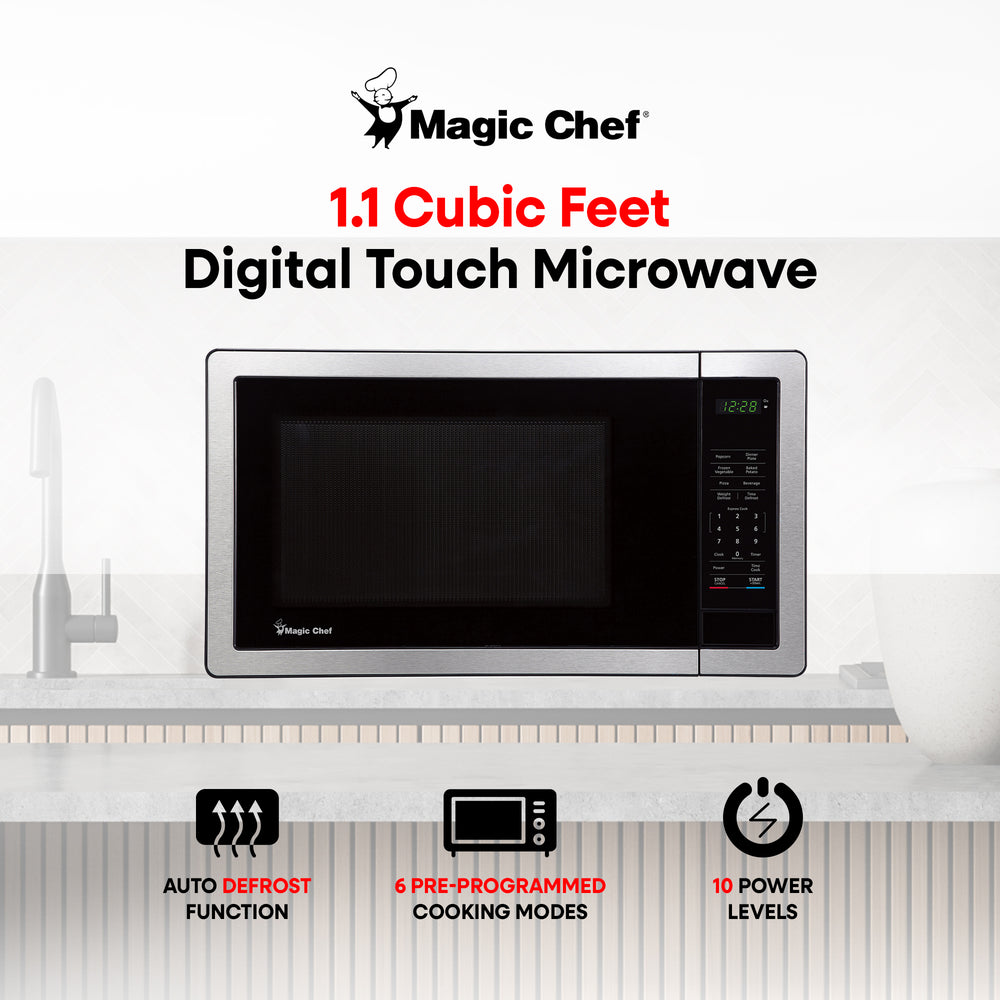 Magic Chef 1000 Watt 1.1 Cubic Feet Digital Touch Microwave, Silver (Damaged) - VMInnovations