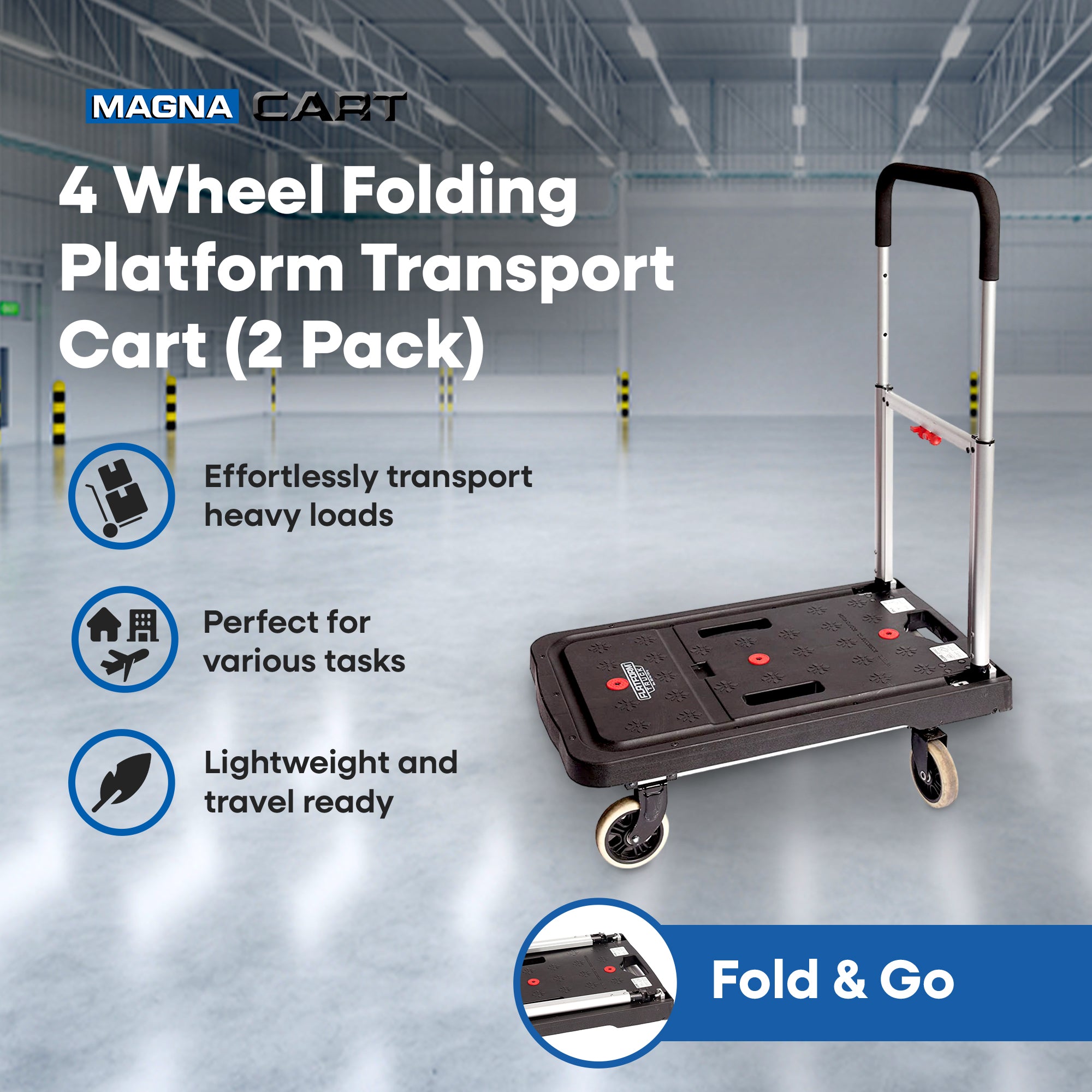 Magna Cart FF 4 Wheel Folding Platform Transport Cart Supports 300 lbs, (2 Pack) - VMInnovations