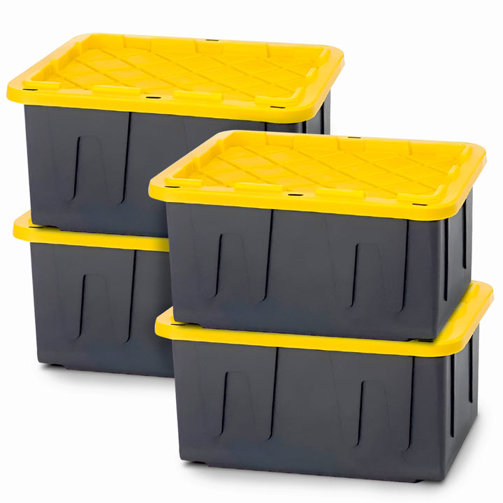 Homz 15 Gallon Durabilt Storage Container with Snap Lid, Black/Yellow (4 Pack)