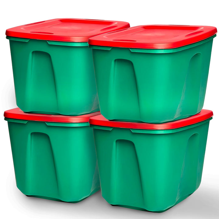 HOMZ 18 Gallon Heavy Duty Plastic Holiday Storage Totes, Green/Red (4 Pack)