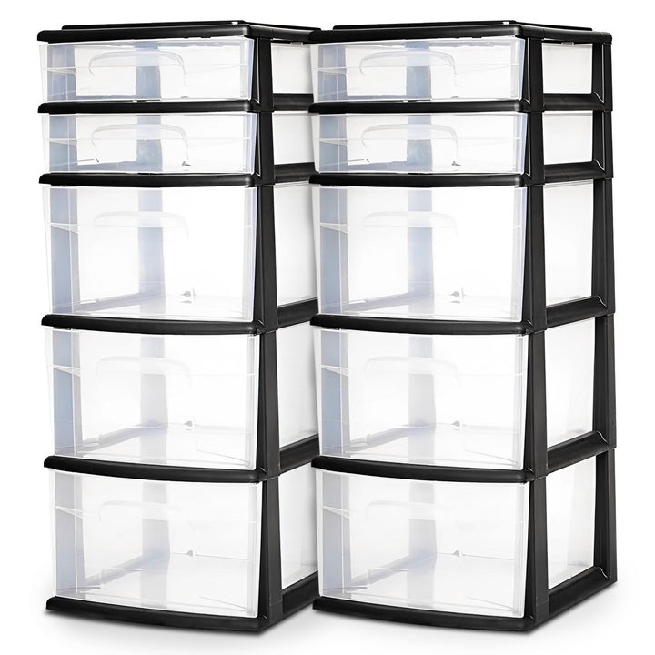 Homz Plastic 5 Drawer Home Storage Container Tower, Black Frame, 2pk(Open Box)