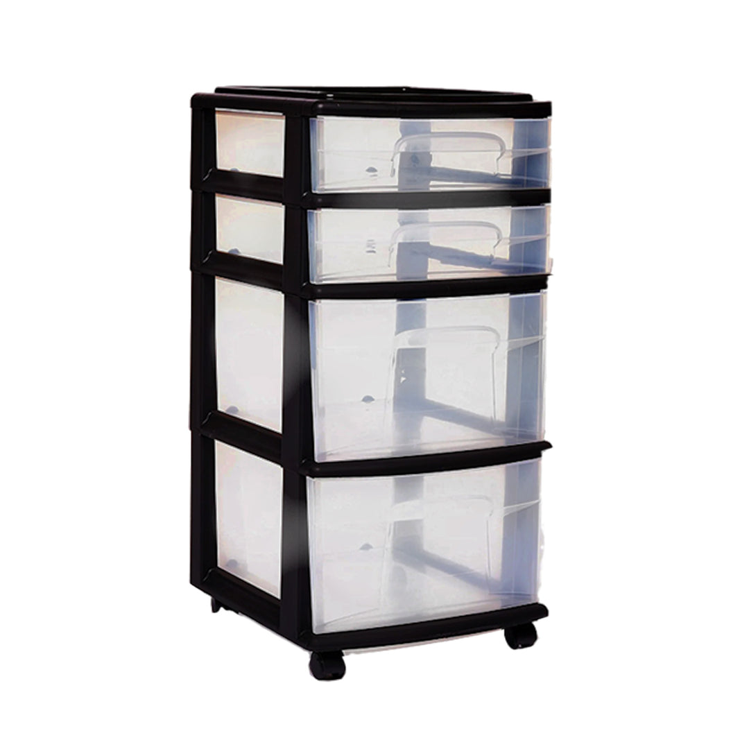 Homz Plastic 4 Drawer Medium Storage Tower, Clear Drawers & Black Frame (2 Pack)