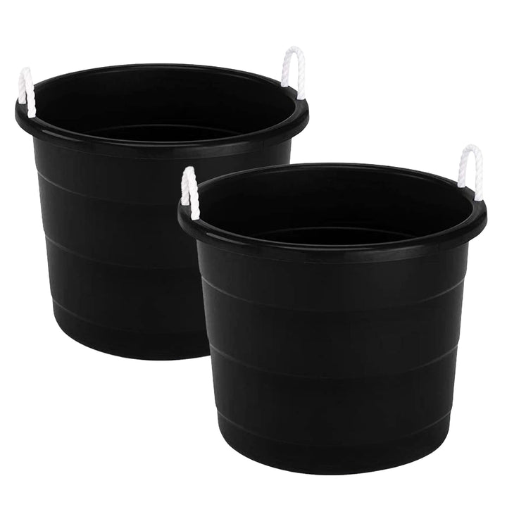 Homz 18 Gal Plastic Utility Storage Bucket Tub w/ Rope Handles, Black, (2 Pack)