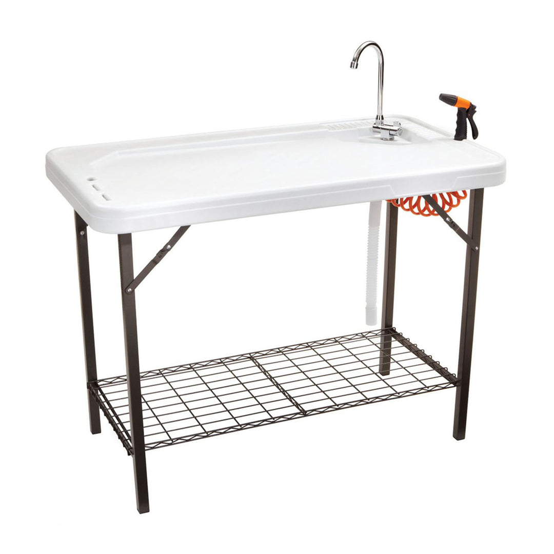 SEEK Folding Portable Deluxe Fish & Game Camping Table with Sink Faucet & Shelf