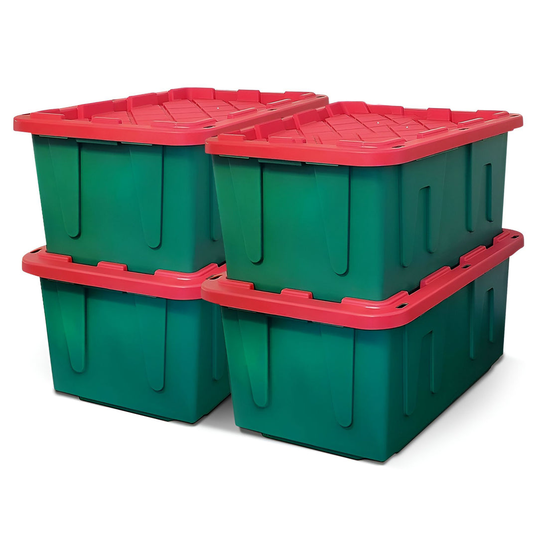 HOMZ Durable 27 Gallon Heavy Duty Holiday Storage Tote, Green/Red, (4 Pack)