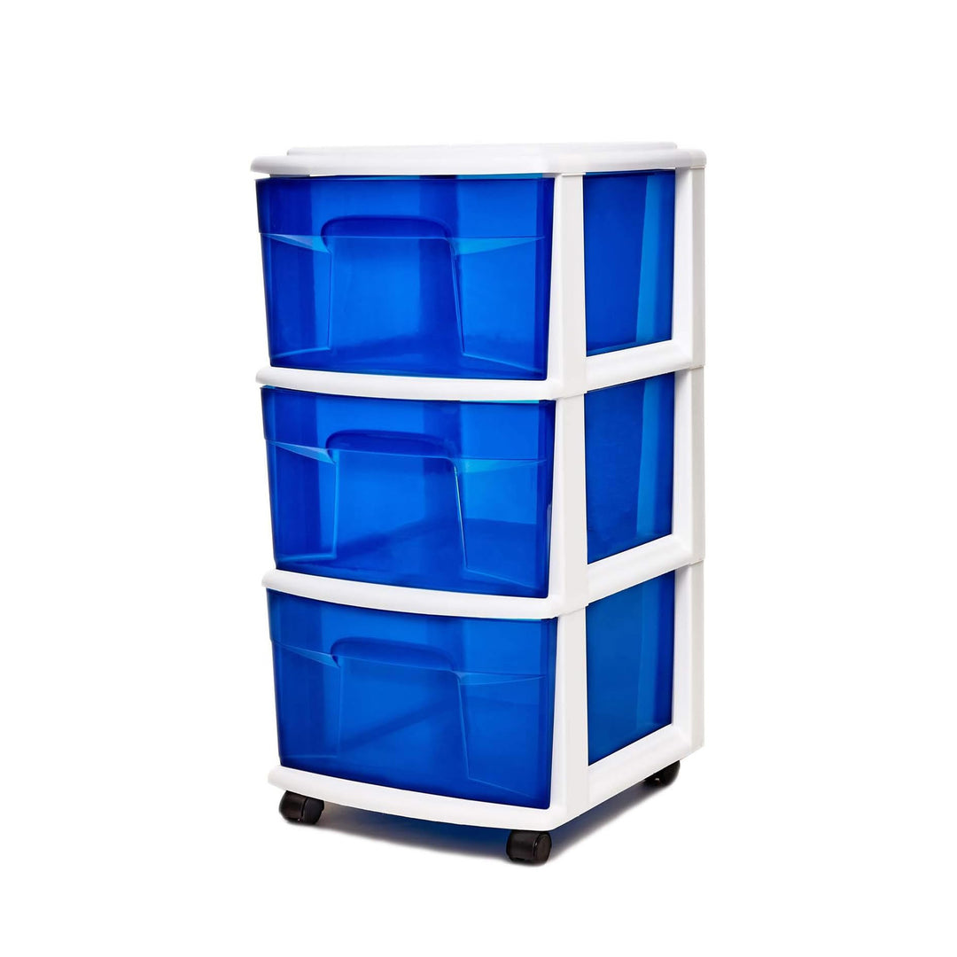 Homz Plastic 3 Drawer Medium Storage Container Tower, Blue Drawers/White Frame