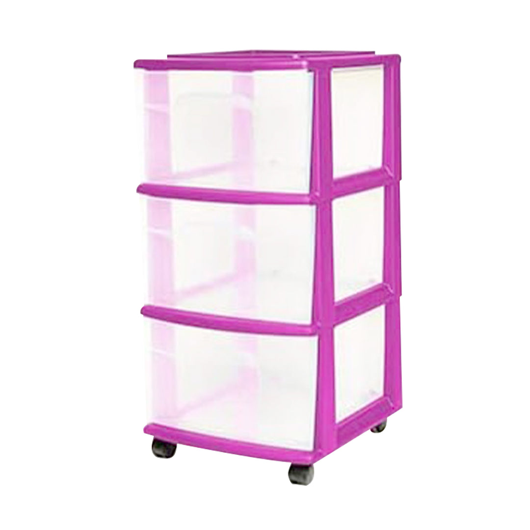 Homz Plastic 3 Drawer Medium Storage Container Tower, Clear Drawers/Purple Frame