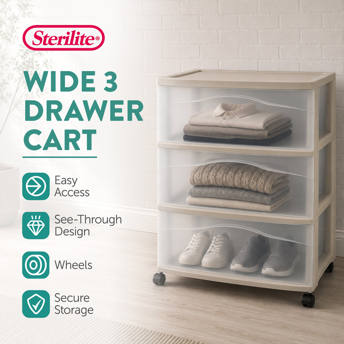 Sterilite Wide 3 Drawer Storage Cart, Plastic Rolling Organization, Grey, 2 Pack