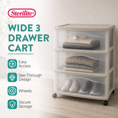 Sterilite Wide 3 Drawer Storage Cart, Plastic Rolling Organization, Grey, 2 Pack