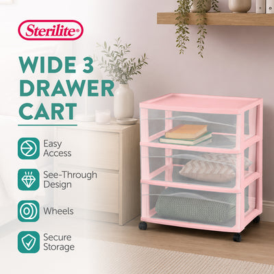 Sterilite Wide 3 Drawer Storage Cart, Plastic Rolling Organization, Pink, 3 Pack