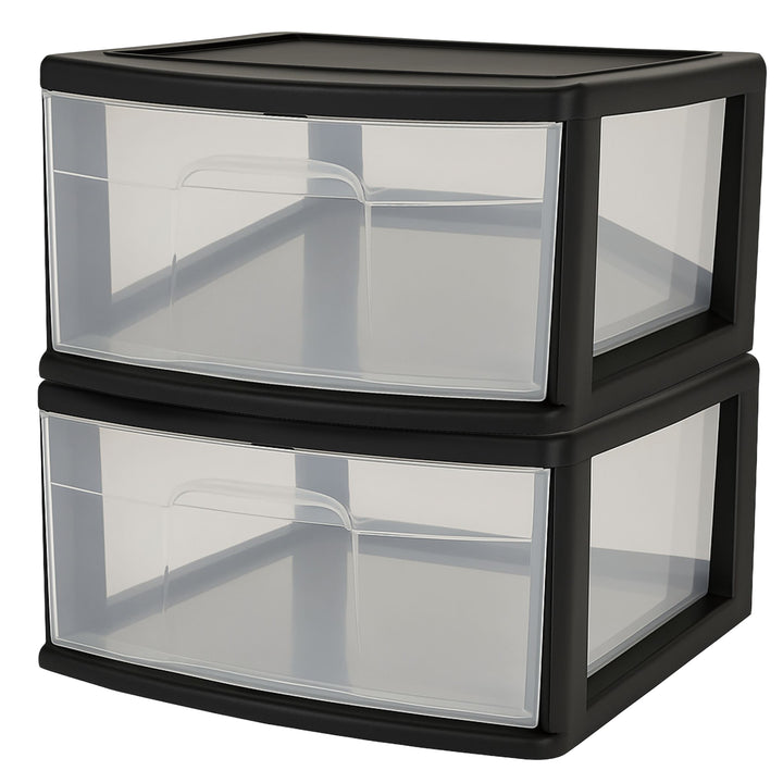 Homz Plastic 1 Drawer Wide Storage Cart, Black Frame with Clear Drawer, 2 Pack