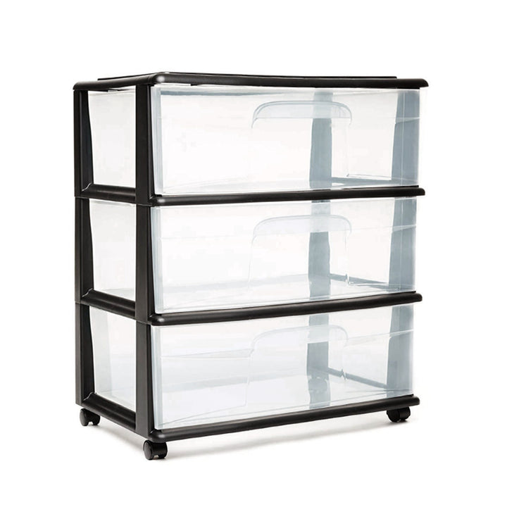 Homz Tall Solid Plastic 3 Drawer Medium Storage Cart with Wheels, Black (2 Pack)