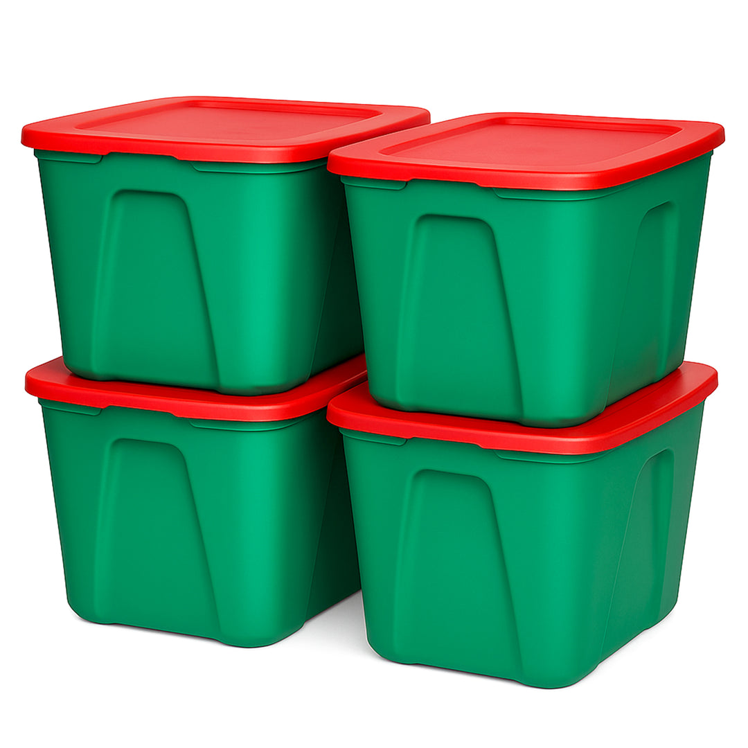 18gl Heavy Duty Plastic Holiday Storage Totes, Green/Red (4 Pack)(Open Box)