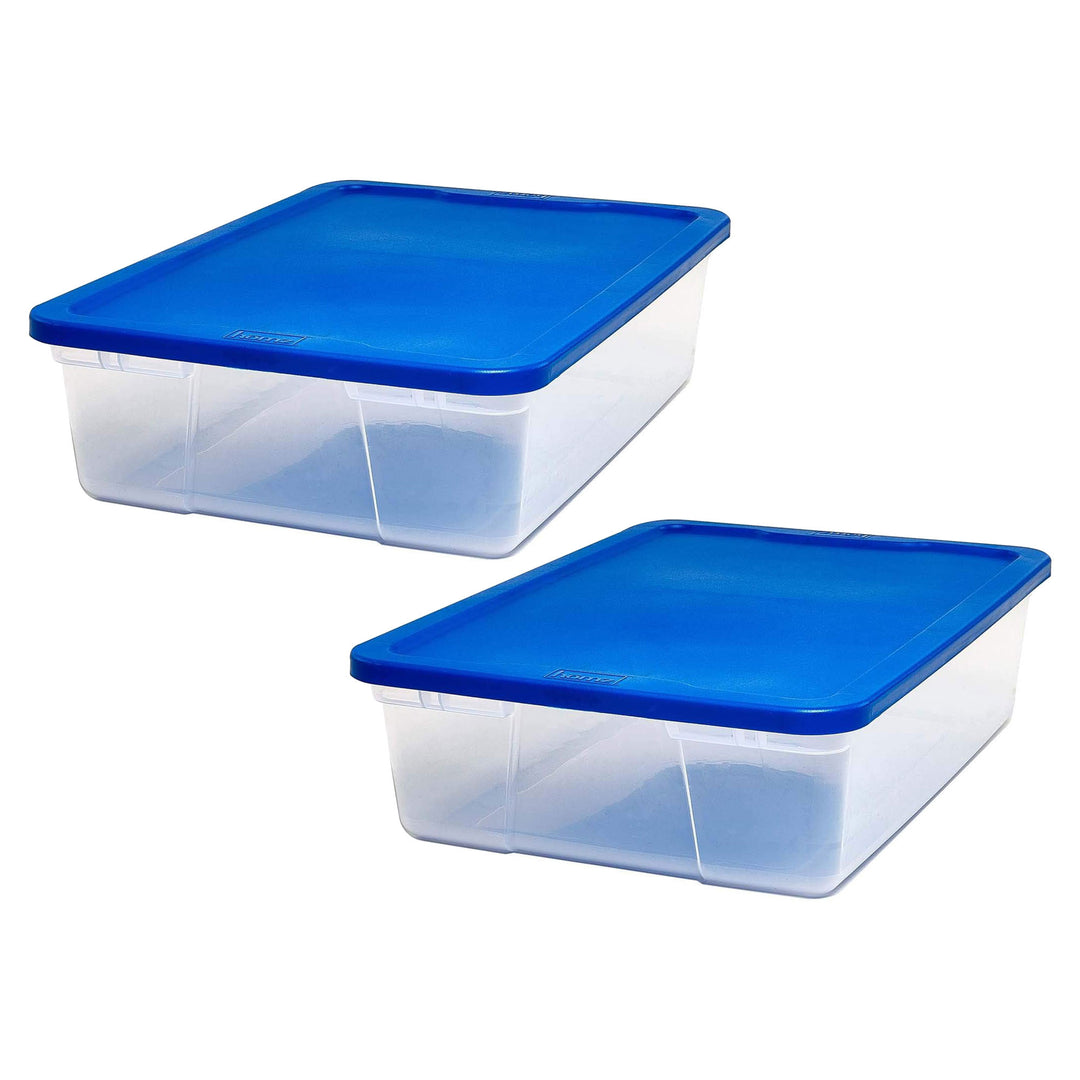 Homz 28 Qt Snaplock Clear Plastic Storage Container Bin with Lid, Blue (2 Pack)